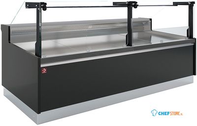 Diamond Geventileerde Vitrinetoonbank, met Reserve, Verticale Ruit 90° met Zuigerlift - FULL BLACK - DPT20-V5 1