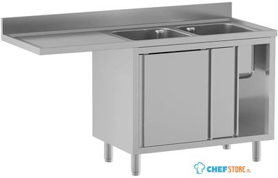 Diamond L1821/VAD-SS5 Spoeltafel met 2 kuipen 500×500×300, afdruipblad links, op kast met 2 schuifdeuren en ruimte voor vaatwasser