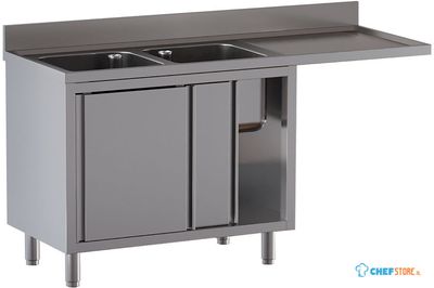 Diamond L1621/VAD-SD4 Spoeltafel met 2 kuipen 400x500x300, rechts druipvlak, op kast met 2 schuifdeuren en ruimte voor vaatwasser