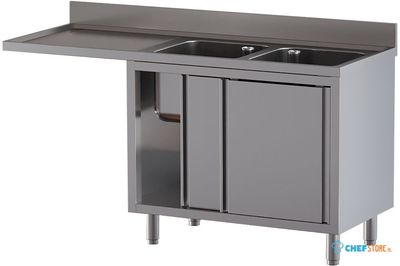 Diamond L1621/VAD-SS4 Spoeltafel met 2 kuipen 400×500×300, afdruipblad links, op kast met 2 schuifdeuren en ruimte voor vaatwasser