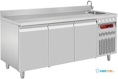 Geventileerde Koelwerkbank "muraal",  3 Deuren GN 1/1, 405 Lit. Met Spoelbak, Diamond DT178/P9A_EV 1