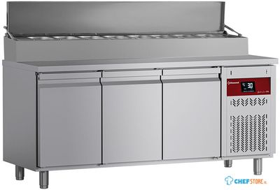 Diamond DTS-7/P9H2 Koelwerkbank geventileerd, 3 deuren GN 1/1, 405 Lit.& gekoelde structuur 10x GN 1/4