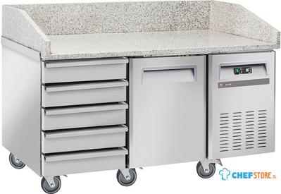 Diverso By Diamond Koelwerkbank voor Pizzeria, 1 Deur en 600x400, 5 Neutrale Laden en 600x400, op Wielen, 2 met Remmen - WR-PZ15-51