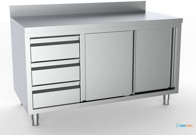 700 Werktafel Schuifdeuren Laden Links Met Rand 1600, combisteel 7333.0266 1