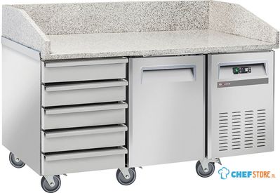 Diverso By Diamond Koelwerkbank voor Pizzeria, 1 Deur en 600x400, 5 Neutrale Laden en 600x400, op Wielen, 2 met Remmen - WR-PZ15-51