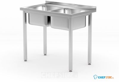 HENDI 817049 Tafel met 2 spoelbakken – met bouten, , Kitchen Line, 1000x600x(H)850mm