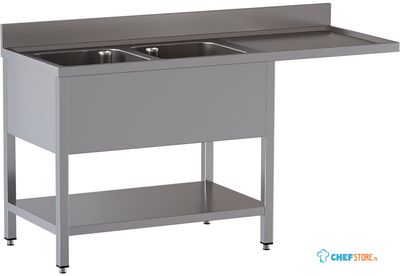 Diamond L1621/VD-SD2 Spoeltafel met 2 kuipen en 1 afdruipblad rechts, met onderlegplank en ruimte voor vaatwasser