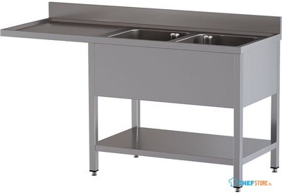 Diamond L1621/VD-SS2 Spoeltafel met 2 kuipen en 1 afdruipblad links, met onderlegplank en ruimte voor vaatwasser