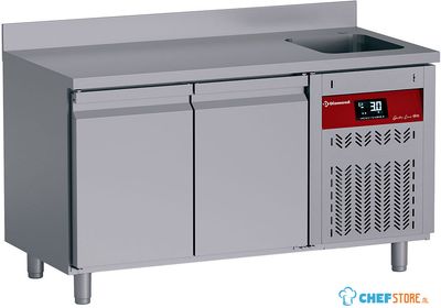 Diamond DT131/P9H-DV Geventileerde koelwerkbank met "achterwand", 2 deuren GN 1/1, 260 Lit. met spoelbak