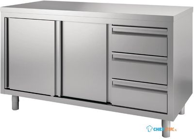 Gastro M | RVS werktafel | Schuifdeuren | 3 laden |150x70x85cm | GN164