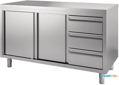 Gastro M | RVS werktafel | Schuifdeuren | 3 laden |200x70x85cm | GN167