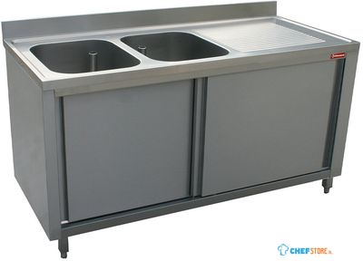 Diamond Spoeltafel 2 Kuipen 400x500xh275, Rechts Druipvlak op Kast met 2 Schuifdeuren - L1621D-AS-D 1