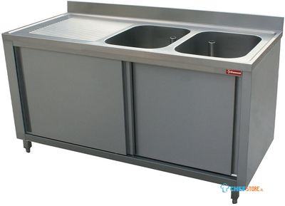 Diamond Spoeltafel 2 Kuipen 400x500xh275, Links Druipvlak op Kast met 2 Schuifdeuren - L1621S-AS-D 1