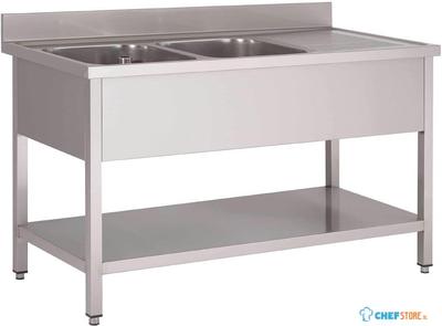 Gastro M RVS dubbele spoeltafel met achteropstand en onderblad 160 x 70 x 85cm | GN203