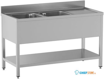 Diamond L1421/6D-SD3 Spoeltafel 2 kuipen en 1 afdruipblad rechts, met onderlegplank