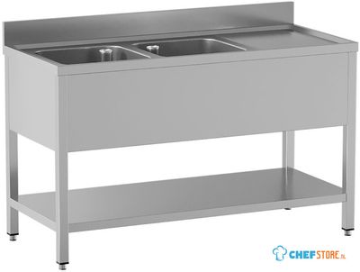 Diamond L2021/D-SD7 Spoeltafel met 2 kuipen en 1 afdruipblad rechts, met onderlegplank