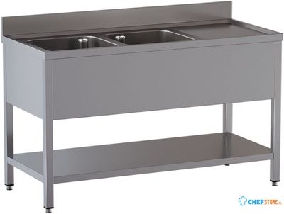 Diamond L2021/D-SD7 Spoeltafel met 2 kuipen en 1 afdruipblad rechts, met onderlegplank