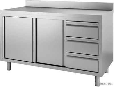 Gastro M RVS werktafel met 3 laden, schuifdeuren en achteropstand 85x100x70cm |  DS440