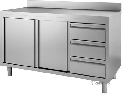 Gastro M RVS werktafel met 3 laden, schuifdeuren en achteropstand 85x180x70cm |  DS444
