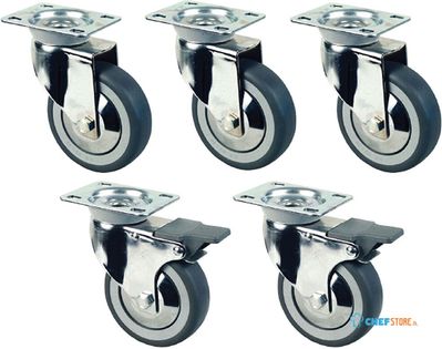 Diamond RS10V5-SA2 Set van 5 verchroomde wielen Ø 100 voor kast (2 met rem)