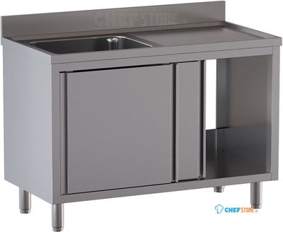 Diamond L1411/AD-SD6 Spoeltafel 1 kuip 600×500×300, afdruipblad rechts, op kast met 2 schuifdeuren