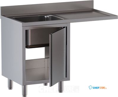 Diamond L1411/VAD-SD3 Spoeltafel met 1 kuip, druipvlak rechts, op kast met 1 draaideur en ruimte voor vaatwas