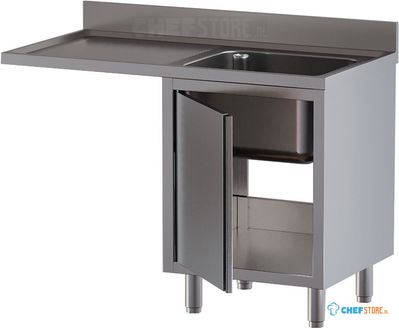 Diamond L1411/VAD-SS3 Spoeltafel met 1 kuip, druipvlak links, op kast met 1 draaideur en ruimte voor vaatwas
