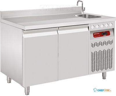 Geventileerde Koelwerkbank "muraal",  2 Deuren GN 1/1, 260 Lit. Met Spoelbak, Diamond DT131/P9A_EV 1