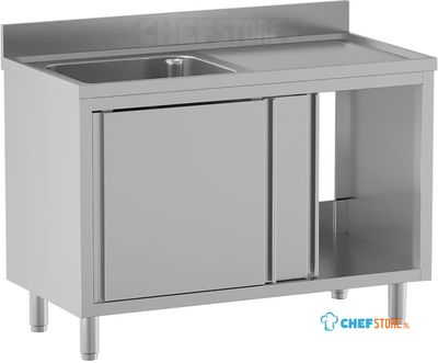 Diamond L1411/AD-SD6 Spoeltafel 1 kuip 600×500×300, afdruipblad rechts, op kast met 2 schuifdeuren