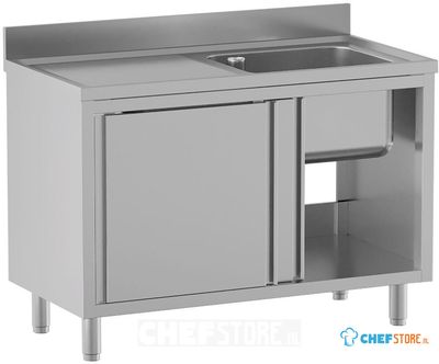 Diamond L1411/AD-SS6 Spoeltafel 1 kuip 600×500×300, afdruipblad links, op kast met 2 schuifdeuren