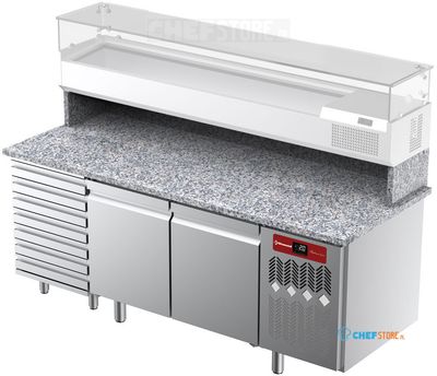Diamond TPC-205/M4 Geventileerde koelwerkbank voor pizza met 2 deuren en 7 lades met werkblad in graniet.