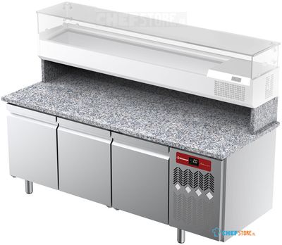 Diamond TPP-205/M3 Geventileerde koelwerkbank voor pizza met 3 deuren met werkblad in graniet.