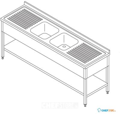 Maxima Spoeltafel - 210 X 70 cm - 2 Wasbakken - incl. Spatrand en Onderschap - 09394091