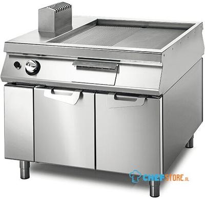 Gas Griddle Chromed ½ Smooth ½ Ribbed On Cabinet With Door, Two-Sided Panel Control, Virtus VS110100FTRGC 1