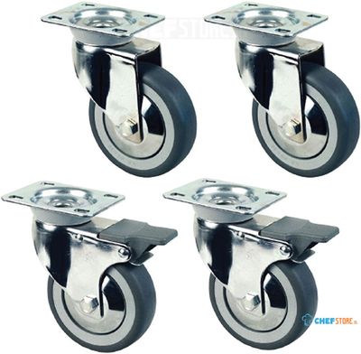 Diamond RS10V4-SA2 Set van 4 verchroomde wielen Ø 100 voor kast (2 met rem)