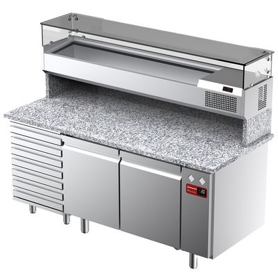 Diamond Geventileerde Koelwerkbank voor Pizza met 2 Deuren en 7 Lades en Gekoelde Vitrine 1800x380x410 en Werkblad in Graniet. - TPC-185/PL5 1