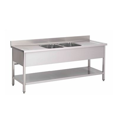 Gastro-Inox RVS Spoeltafel Met 2 Spoelbakken Midden En Onderblad 2000(l)x700(d)x880(h)mm - Gastro-Inox 305.445 1